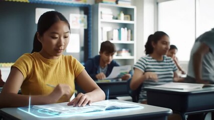 Students interacting with holographic interfaces showcasing digital data and artificial intelligence - Powered by Adobe