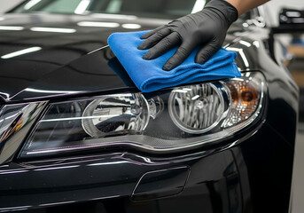 Car detailing - the man holds the microfiber in hand and polishes the car