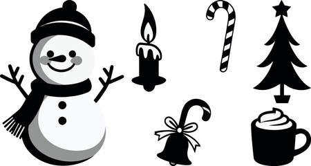 Festive Christmas and Winter Icons Vector Set: Snowman, Tree, Candle, Candy Cane & Cocoa