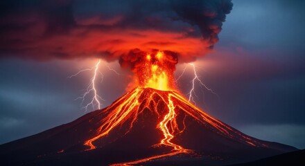 Volcano erupting with lava flows and lightning strikes under a stormy sky