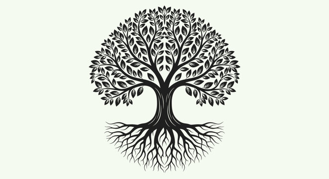 Classic black and white circular tree of life vector graphic with intricate roots and full canopy