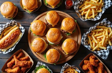 Many cheeseburgers with buns, patties, cheese, lettuce on round wooden tray. Golden french fries, chili hot dog, crispy chicken nuggets also on dark wood table. Big fast food meal for group.