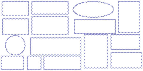 Scalloped rectangle Frame set. Outline border template. Simple label vector. Minimalist wavy line frames. Blank rectangular text box. Scallop edge stamp