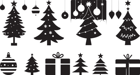 Black Christmas Tree, Ornament, and Gift Silhouette Vector Icon Set for Holidays