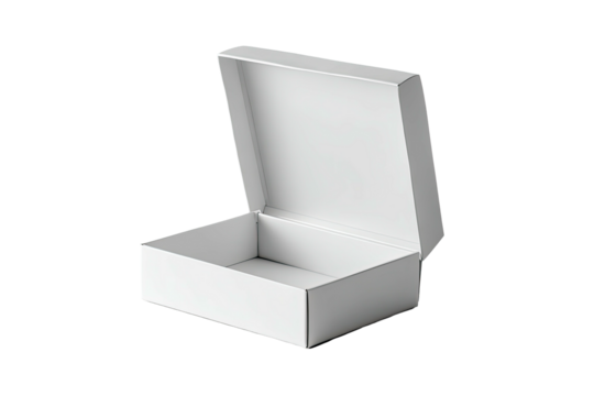 Open white rectangular cardboard box, lid propped at an angle