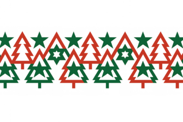 Christmas holiday border with repeating red christmas tree outlines and green stars on a transparent background