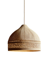 Textured, light-colored dome lamp with carved band, hangs from the ceiling