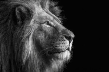 A monochrome profile of a regal lion, with a focus on its majestic mane and noble expression