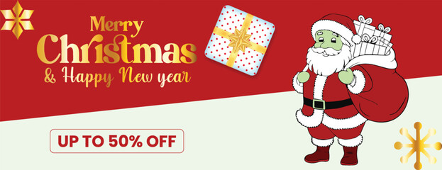 Christmas and New Year Celebration Party Banner with Holiday Sale Discount Promotion, Social Media Cover, Modern Web Banner, Header Template, and Stylish Christmas Illustration Background