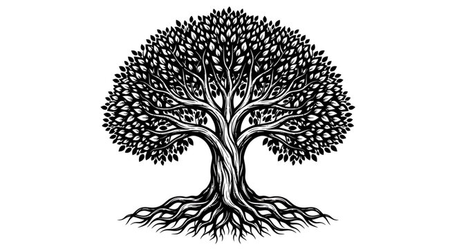 Detailed Hand Drawn Illustration of a Mighty Oak Tree with Extensive Roots and Lush Foliage