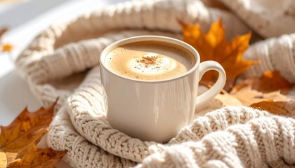 Cozy Fall Morning Cappuccino  Autumn Leaves on a Warm Sweater with Sunlight.