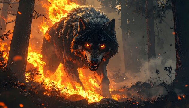 Fierce wolf with glowing eyes emerges from a forest fire