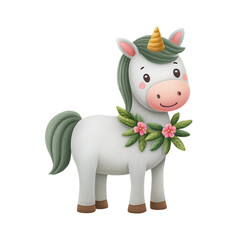 A cute unicorn with a golden horn, green mane, and floral decorations around its neck, smiling cheerfully.