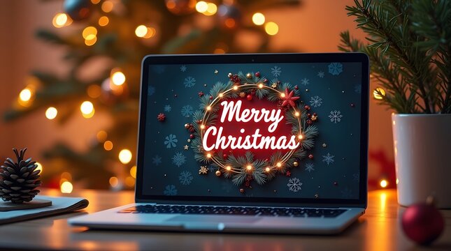 Celebrate a cozy Christmas Eve with this modern laptop glowing, Theme Christmas - Powered by Adobe