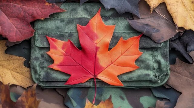 Red and Orange Maple Leaf on Military Bag