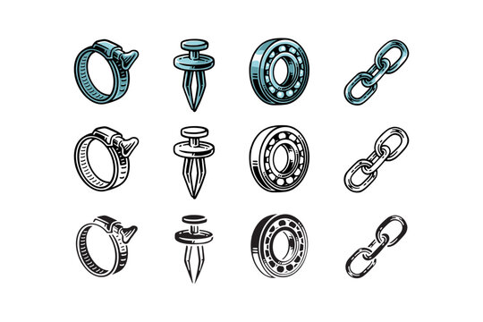 clamp, pushpin, bearing, chain, fasteners icon set in colorful, outline and silhouette style for construction, hardware, industrial, parts, technical asset, component, workshop and garage