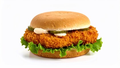 Crispy Chicken Sandwich with Lettuce, Pickle, and Mayo on a Sesame Bun, and Isolated.