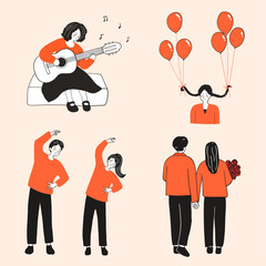 Minimalist Lifestyle Illustration People Playing Guitar Exercising Holding Balloons and Couple in Love Design