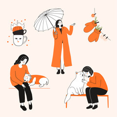 Minimalist People Illustration Petting Cats and Dogs Drinking Coffee and Holding Umbrella in Cozy Lifestyle Design