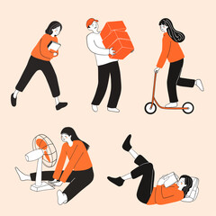 Minimalist People Illustration Doing Daily Activities Reading Riding Scooter Working and Relaxing in Warm Tones