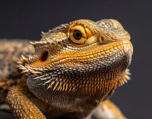Close-up of a reptile with detailed skin texture and striking eye