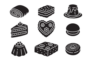 swiss rolled, layered cakes, pudding, sliced, hearth cakes, macaron, plum cookies, donut solid silhouette vector illustration element design collection for dessert, pastry, bakery, sweet food, cafes