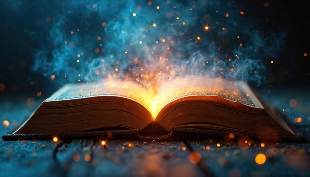 Old open book glows with bright golden light, blue smoke on dark wood surface. Sparkling particles float around, creating magical fantasy atmosphere. Represents knowledge, discovery, imagination