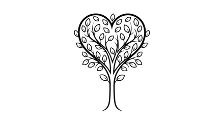 Stylized black and white illustration of a robust tree with heart-shaped foliage symbolizing love