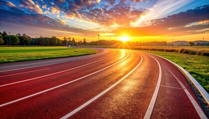 Vibrant sunset casting a golden glow over a curved red running track, symbolizing the journey towards achieving goals and aspirations