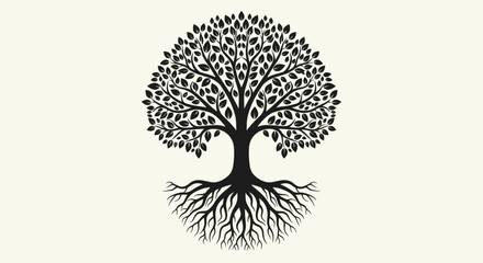 Naklejka premium Stylized Black Silhouette of a Tree of Life with Detailed Roots and Lush Foliage on a Light