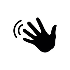 Black icon of a hand waving, representing greeting, hello, welcome, or goodbye with communication waves radiating outwards, isolated on a white background.
