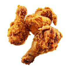 Golden crispy fried chicken drumsticks, isolated on white transparent background. Concept of fast food and comfort meal.