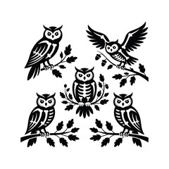 Stylized Skeleton Owls on Oak Branches &mdash; Elegant Gothic Autumn Silhouettes.
