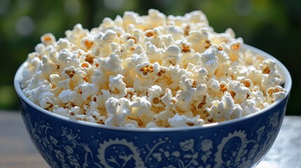 Popcorn in a blue bowl