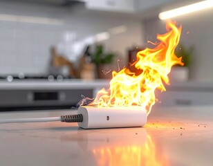 Burning Power Adapter with Flames and Smoke
