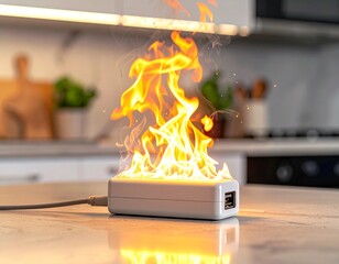 Burning Power Adapter with Flames and Smoke
