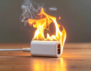 Burning Power Adapter with Flames and Smoke
