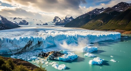 Naklejka premium Powerful glacier calving into a vivid turquoise lake, framed by majestic snow-capped mountains under a dramatic sky, highlighting the raw beauty and dynamic forces of natural ice formations