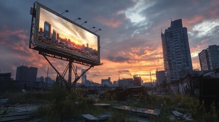 Post-apocalyptic city billboard sunset