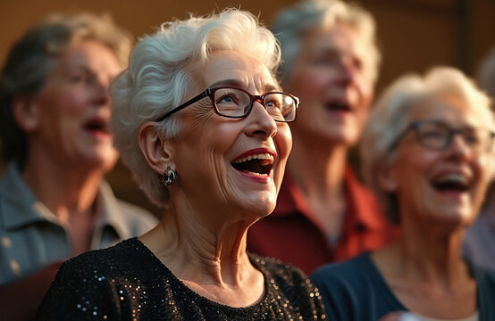 Group of elderly people sing together in choir rehearsal. Seniors enjoy singing. They rehearse song with sheet music. Woman wears glasses. Active lifestyle for older people in church.