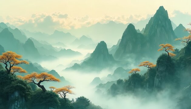 Watercolor landscape features mountain peaks among clouds with trees. Generative ai art peaceful scenery. Oriental nature background for travel, meditation concept. Green hills in fog, dreamy mood. - Powered by Adobe