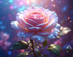 A close-up of a radiant pink rose with glowing effects