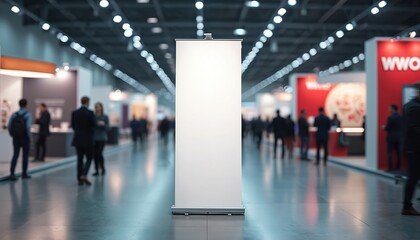 Blank vertical banner on exhibition floor with blurred people walking. Event display stand ready for custom branding and promotion. Trade show booth setup.