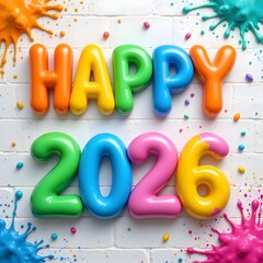Naklejka premium Vibrant 'Happy 2026' Balloon Text Against White Brick Wall with Paint Splashes