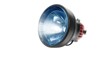 Round light emitting bright beam on black, red-accented casing visible