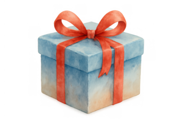 Gift box with red ribbon and bow, watercolor present for celebration, birthday, or surprise event