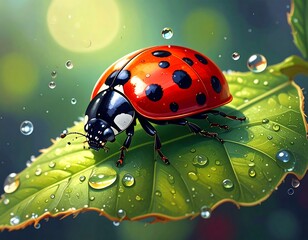 Close-up of a ladybug on a leaf with water droplets