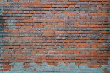 old brick wall, red and white colour, broken bricks, peeling plaster, vintage texture, background for banner, copy space