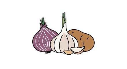 Illustration of a red onion, garlic bulb, and potato with garlic slices.