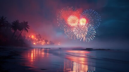Tropical Beach Fireworks Display at Night with Palm Trees and Ocean Reflection - Powered by Adobe